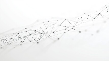 Poster - White background with an intricate web of tech connection dots and geometric lines. Abstract representation of data networks, connectivity, and digital technology.