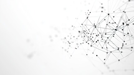 Poster - White background with an intricate web of tech connection dots and geometric lines. Abstract representation of data networks, connectivity, and digital technology.