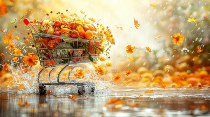 Canvas Print - An artistic depiction of a digital shopping cart packed with an array of fresh produce and food essentials, set against