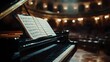 © horizon - Elegant black grand piano, polished surface, sheet music on stand, soft spotlight, minimalist concert hall, high-resolution interior photography, timeless elegance, musical ambiance.