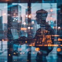 Poster - A double exposure of an office worker interacting with digital