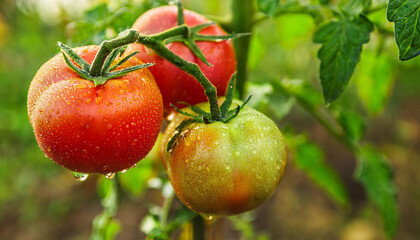 Wall Mural - Ripe and fresh tomatoes on bush. Organic agriculture. Natural and healthy food. Autumn harvest.