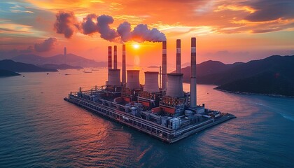 Sticker - Aerial view of a coal fired power station at sunset 