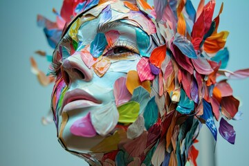 Wall Mural - A woman's face is covered in colorful flowers and leaves