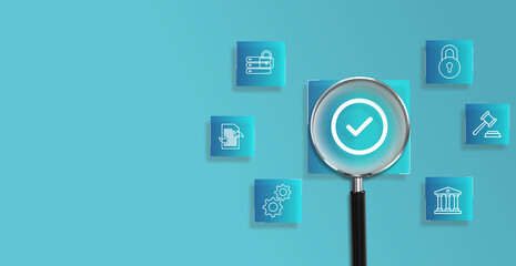 Magnifying glass focus to Digital copyright, patent concept.  icons representing copyright, intellectual property, patents, legal protection, and safeguarding digital and intel