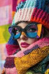 Sticker - A woman wearing a multicolored hat and scarf with a colorful scarf