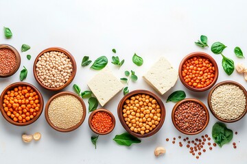 Wall Mural - Fresh assortment of legumes, tofu, and greens beautifully arranged on a white surface