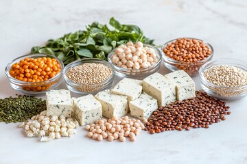 Assorted legumes, tofu, and fresh vegetables arranged on a white background for healthy meal preparation