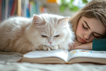 Wall Mural - British white fluffy cat reading a children's textbook, while a girl fell asleep nearby, putting her head on her hands, on the notebook