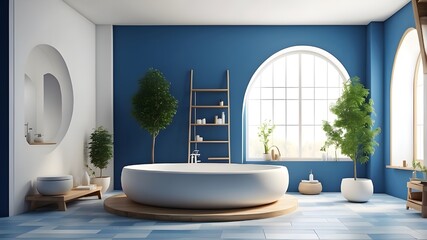 Wall Mural - Inside a bathroom decorated in white and blue, with a tree in a pot, two little windows, a ladder in a corner, and a round white bathtub. side perspective. 3D rendering model