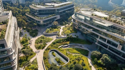 Poster - Top view of a futuristic Indian office complex with glass and green outdoor areas
