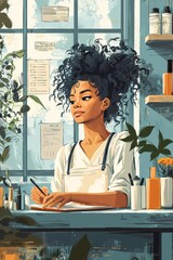 Wall Mural - an illustration of a hair stylist inside her beauty room while she is preparing for work, she looks content as she writes on her agenda, the colors are pastel, the scene is calm and relaxing 