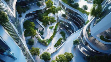 Poster - Top view of a futuristic Indian office complex with glass and green outdoor areas