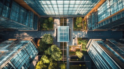 Poster - Top view of a high-tech Indian business park with glass and metal structures and green terraces