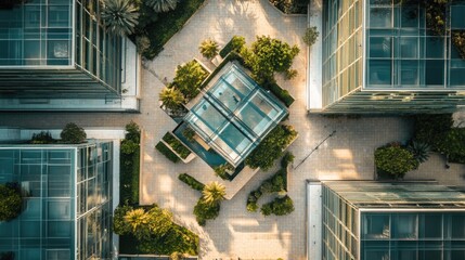 Poster - Top view of a high-tech Indian business park with glass and metal structures and green terraces