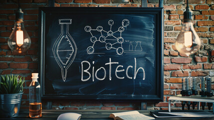 Poster - Biotech illustrations displayed on a blackboard in a warmly lit laboratory environment