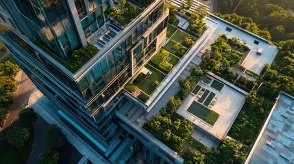 Top view of a modern Indian skyscraper with geometric glass and landscaped rooftop garden