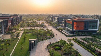 Poster - Top view of a modern Indian technology park with sleek buildings and green outdoor areas