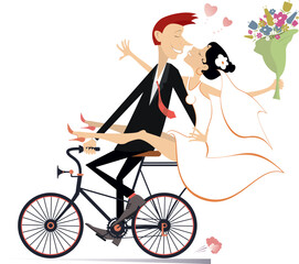 Wall Mural - Happy married wedding couple rides a bicycle. 
Happy lovers characters. Happy bridegroom with a bride on the hand rides a bicycle. Isolated on white background
