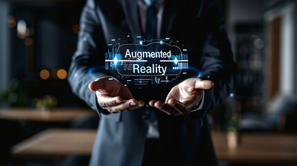 Aufkleber - Businessman showcasing augmented reality technology with hands in a modern office setting