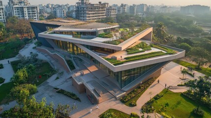 Poster - Top view of a sleek Indian library with angular architectural features and green terraces