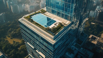 Poster - Top view of a sophisticated Indian office tower with glass and steel exterior and green rooftops