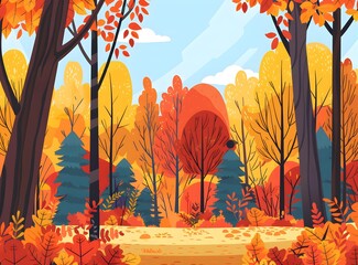 Sticker - Autumn Forest Landscape Illustration With Red And Yellow Leaves