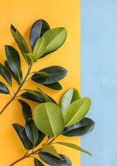 Wall Mural - Green Leaves on Yellow and Blue Background