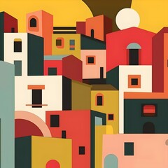 Sticker - Abstract Colorful Cityscape with Geometric Buildings