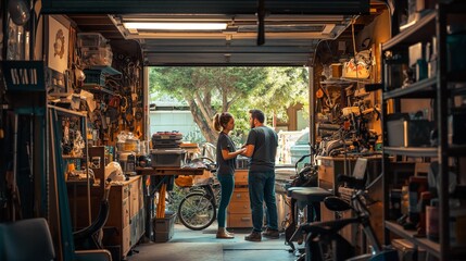 couple tidying up their garage, organizing tools