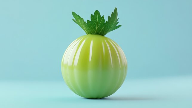 A 3D cartoon gooseberry with a green and yellow hue, isolated on a light blue background.