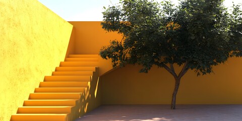 Wall Mural - Yellow Wall Minimalist Architecture Stairs Tree Shadow