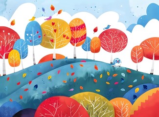 Colorful Abstract Illustration of Fall Trees and Birds