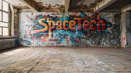 Canvas Print - Colorful space tech graffiti art covering a wall in an abandoned building with sunlight shining through the windows