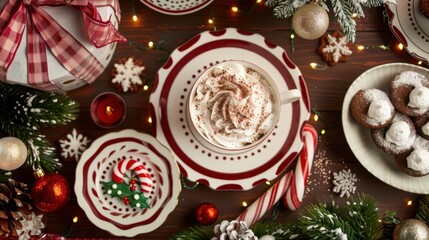 A Christmas morning breakfast table with festive plates, holiday decorations, and hot cocoa.