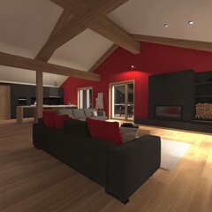 Sticker - Modern Living Room Interior Design with Red Walls and Exposed Beams