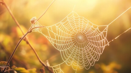 macro of a dew-covered spider web glistening