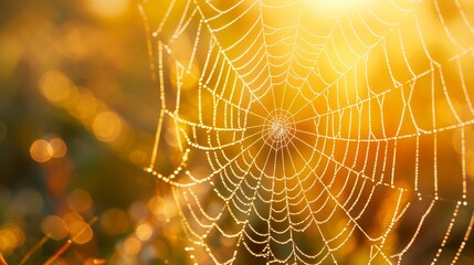 macro of a dew-covered spider web glistening
