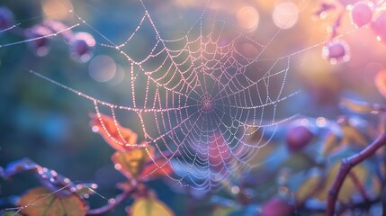 macro of a dew-covered spider web glistening