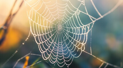 macro of a dew-covered spider web glistening