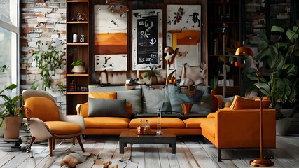 Living room interior in loft, industrial style, 3d render