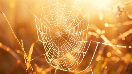 macro of a dew-covered spider web glistening