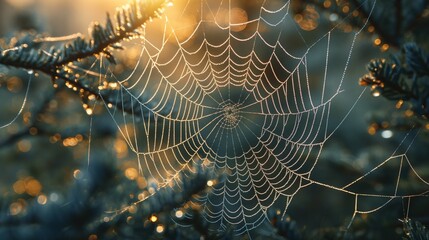 macro of a dew-covered spider web glistening