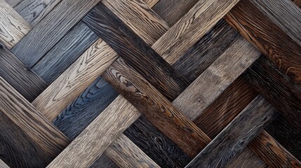 Wall Mural - Intricate Herringbone Pattern in Dark Wood with Light Gray and Brown Stripes