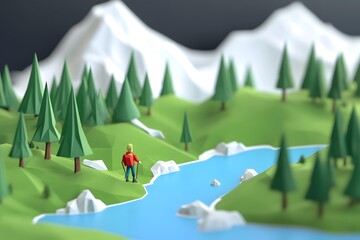 Wall Mural - Low Poly Illustration of a Person Hiking Through a Forest Landscape