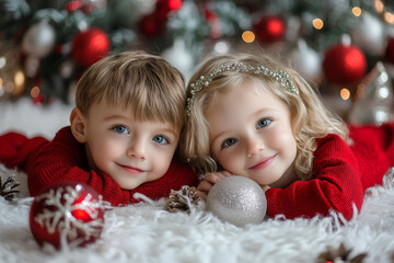 Wall Mural - Siblings stand together, smiling warmly in front of a Christmas tree. Both wear cozy sweaters, surrounded by twinkling lights and ornaments, capturing a festive family moment.