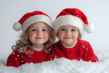 Wall Mural - brother sister in Christmas red Santa hat