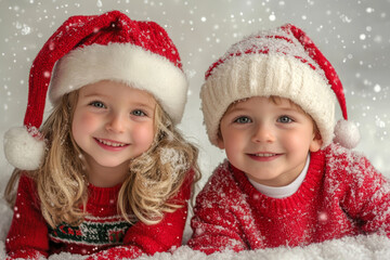 Wall Mural - brother sister in Christmas red Santa hat