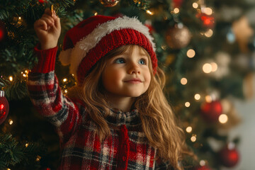 Wall Mural - Little girl stands against the backdrop of decorated Christmas tree. happy girl stands at Christmas tree decorated with bright decorations during holiday season, smiling sweetly,