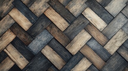 Wall Mural - Detailed Herringbone Pattern on Dark Wood with Light Gray and Brown Stripes, Close-up View of Design